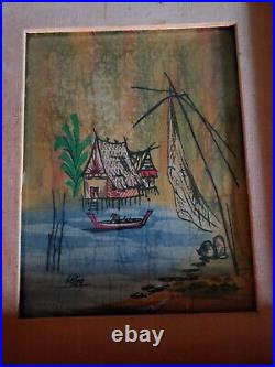 Vintage antique silk painted watercolor Asian signed painting art framed Japan