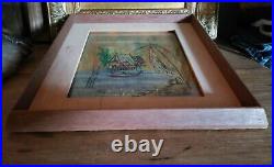 Vintage antique silk painted watercolor Asian signed painting art framed Japan