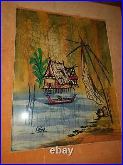 Vintage antique silk painted watercolor Asian signed painting art framed Japan