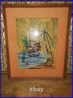 Vintage antique silk painted watercolor Asian signed painting art framed Japan