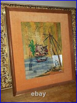 Vintage antique silk painted watercolor Asian signed painting art framed Japan