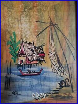 Vintage antique silk painted watercolor Asian signed painting art framed Japan