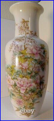 Vintage japanese shimbata vase Pink And white porcelain chrysanthemums Ivy 12in