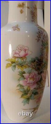 Vintage japanese shimbata vase Pink And white porcelain chrysanthemums Ivy 12in