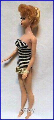 Vntg Barbie Blonde #5 Ponytail Doll withOrig Box LinerWrist TagStandS/S+ NM
