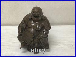 Y1400 STATUE Bizen-ware Hotei signed okimono Japan vintage antique buddha figure