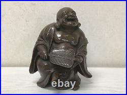 Y1400 STATUE Bizen-ware Hotei signed okimono Japan vintage antique buddha figure