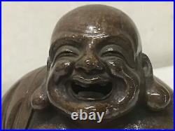 Y1400 STATUE Bizen-ware Hotei signed okimono Japan vintage antique buddha figure