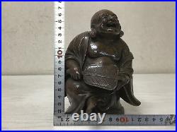 Y1400 STATUE Bizen-ware Hotei signed okimono Japan vintage antique buddha figure