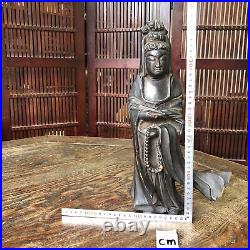 Y3373 STATUE Wood carving Kannon figure figurine signed Japan vintage antique