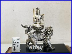 Y3660 STATUE Silver Manjushri Bodhisattva figure signed Japan vintage antique