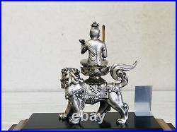 Y3660 STATUE Silver Manjushri Bodhisattva figure signed Japan vintage antique