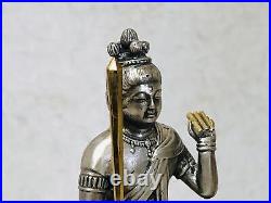 Y3660 STATUE Silver Manjushri Bodhisattva figure signed Japan vintage antique