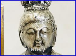 Y3660 STATUE Silver Manjushri Bodhisattva figure signed Japan vintage antique