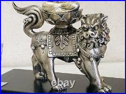 Y3660 STATUE Silver Manjushri Bodhisattva figure signed Japan vintage antique