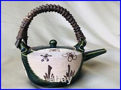 Y4249 TEA POT Oribe-ware teapot signed box antique Japan vintage tableware