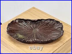 Y4970 TRAY wood carving lotus frog small OBON OZEN signed Japan antique vintage