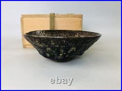 Y5926 CHAWAN Raku-ware flat signed box Japan antique tea ceremony vintage bowl