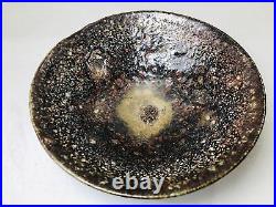 Y5926 CHAWAN Raku-ware flat signed box Japan antique tea ceremony vintage bowl