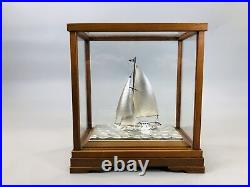 Y6111 OKIMONO Silver yacht figurine signed glass case Japan antique interior