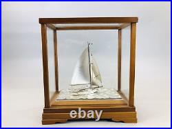 Y6111 OKIMONO Silver yacht figurine signed glass case Japan antique interior