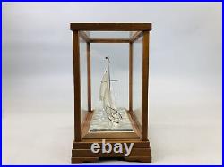 Y6111 OKIMONO Silver yacht figurine signed glass case Japan antique interior