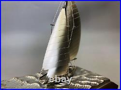 Y6111 OKIMONO Silver yacht figurine signed glass case Japan antique interior