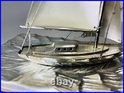 Y6111 OKIMONO Silver yacht figurine signed glass case Japan antique interior