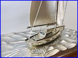 Y6111 OKIMONO Silver yacht figurine signed glass case Japan antique interior