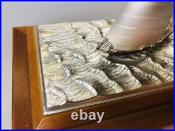 Y6111 OKIMONO Silver yacht figurine signed glass case Japan antique interior