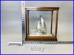 Y6111 OKIMONO Silver yacht figurine signed glass case Japan antique interior