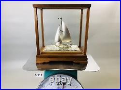 Y6111 OKIMONO Silver yacht figurine signed glass case Japan antique interior