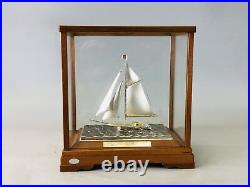 Y6301 OKIMONO Silver yacht figure signed glass case Japan antique interior decor