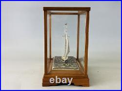 Y6301 OKIMONO Silver yacht figure signed glass case Japan antique interior decor