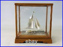 Y6301 OKIMONO Silver yacht figure signed glass case Japan antique interior decor