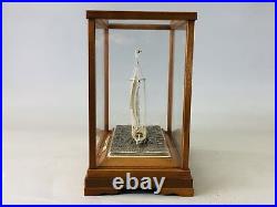 Y6301 OKIMONO Silver yacht figure signed glass case Japan antique interior decor