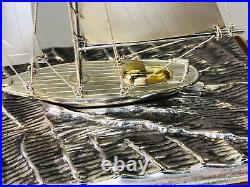 Y6301 OKIMONO Silver yacht figure signed glass case Japan antique interior decor