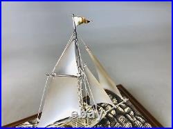 Y6301 OKIMONO Silver yacht figure signed glass case Japan antique interior decor