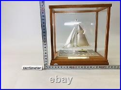 Y6301 OKIMONO Silver yacht figure signed glass case Japan antique interior decor