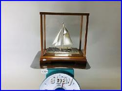 Y6301 OKIMONO Silver yacht figure signed glass case Japan antique interior decor