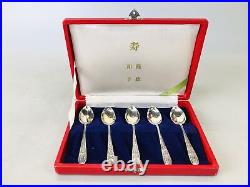 Y6807 CUTLERY Silver Spoon set of 5 signed box Japan antique vintage ktichen